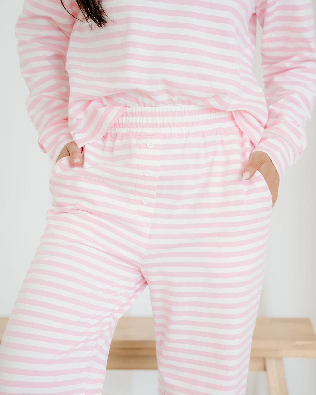 Thea Stripe Drop Shoulder Round Neck Top and Buttoned Straight Pants Two Piece Set
