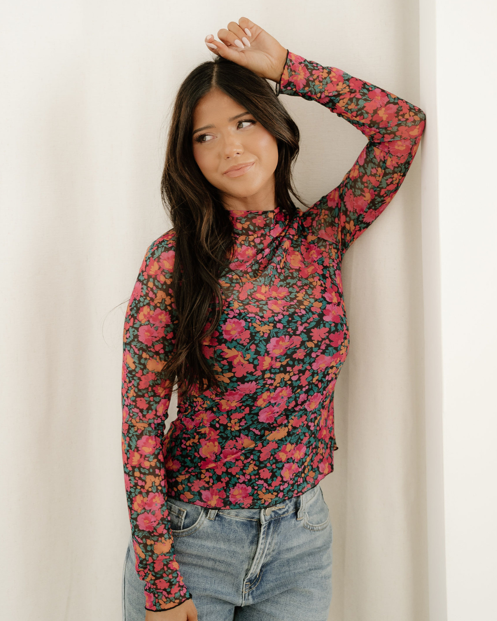 PREORDER Summer Slim Fit Floral Mesh Long Sleeve Mock Neck Top - Rose