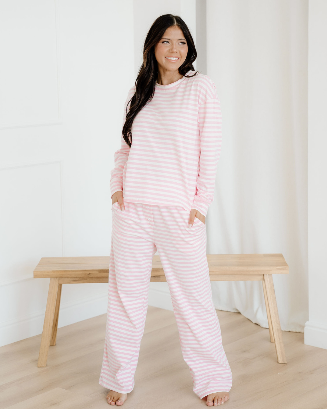 Thea Stripe Drop Shoulder Round Neck Top and Buttoned Straight Pants Two Piece Set
