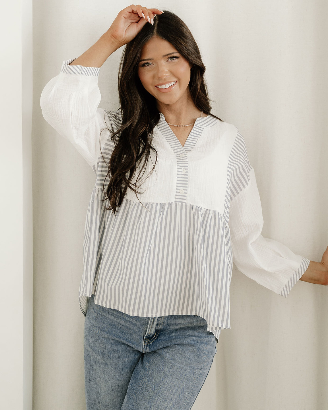 Morgan Half Button Gauze Patchwork Bracelet Sleeve Babydoll Blouse