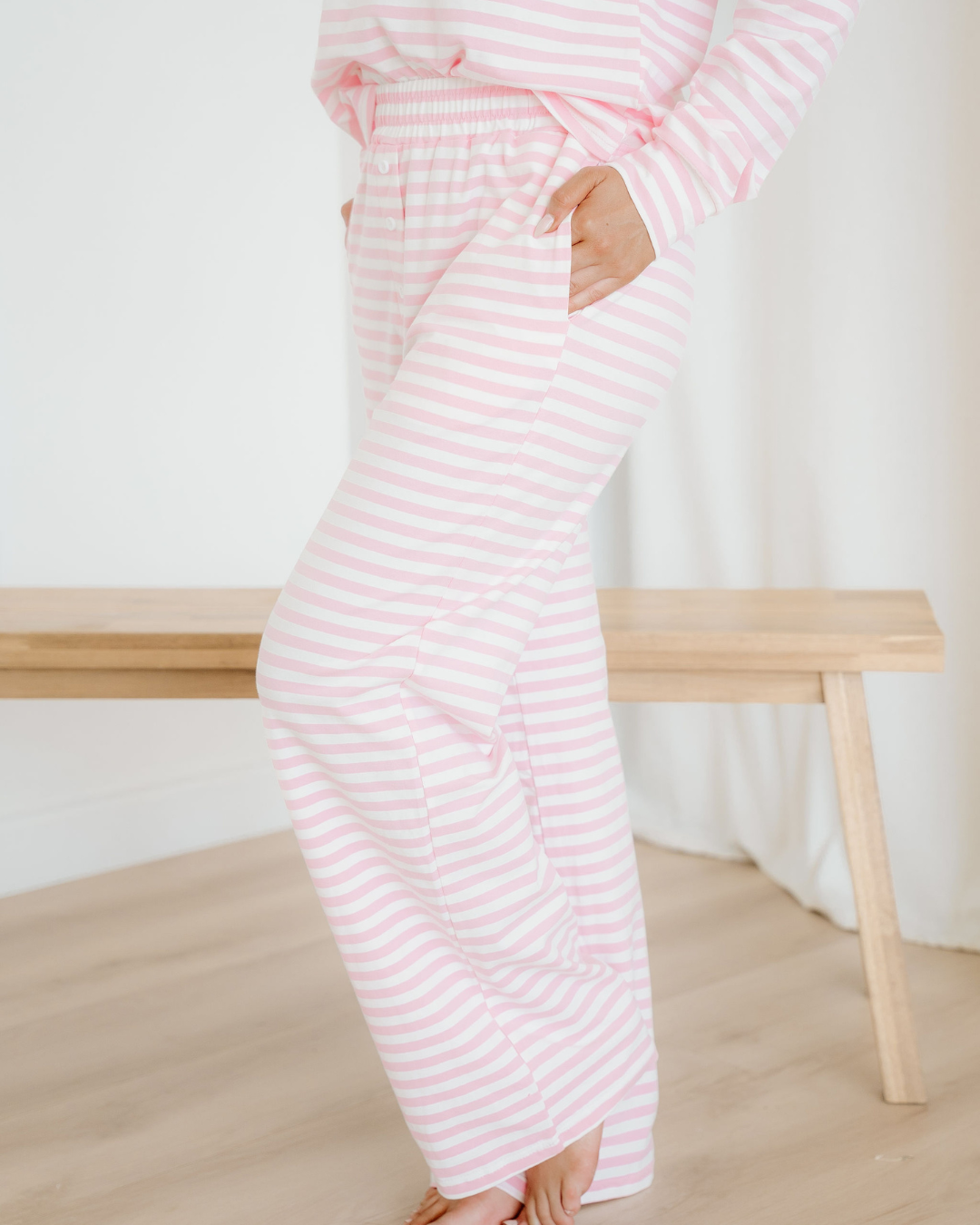 Thea Stripe Drop Shoulder Round Neck Top and Buttoned Straight Pants Two Piece Set