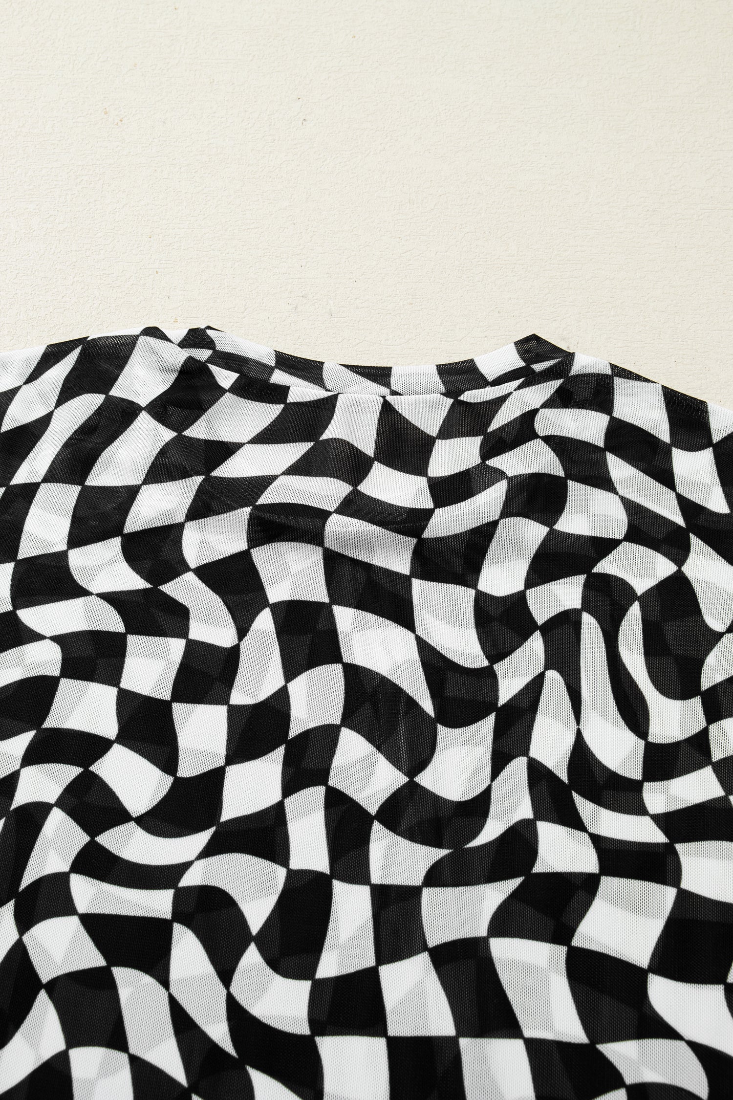 Sheer Checkered Mock Neck Mesh Short Sleeve